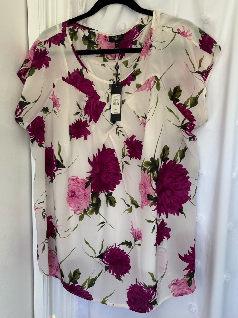 Talbots 100% Silk Cream Blouse with Magenta Floral Print